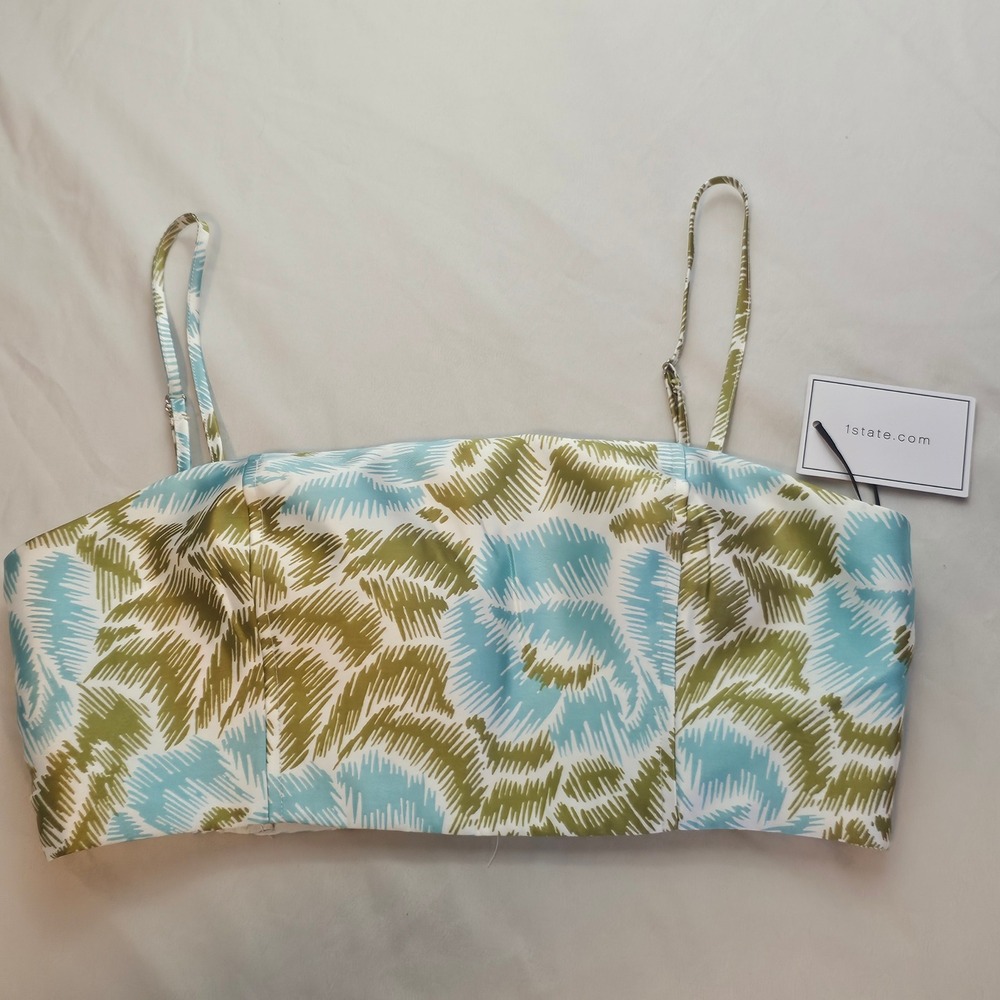 1. State Size M Medium Crop Top Spaghetti Strap Aqua & Olive Smocking NWT 1254
